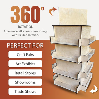 4-Sided Rotating Display Stand - Craft Shows, Trade Shows, Markets - Small & Medium-Sized Items like Stickers, Postcards, Coasters, Note Pads, Napkins - Heavy-Duty, Easy to Assemble (Natural)…