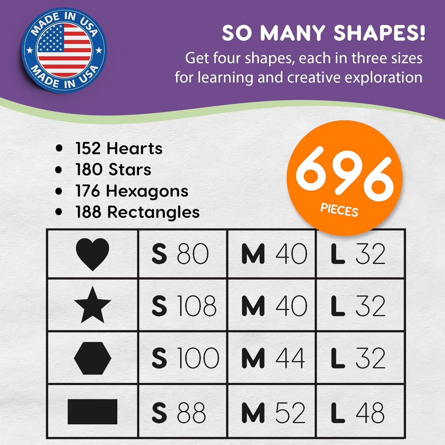 Basic Shapes 2: Hearts, Stars, Hexagons, Rectangles, 696 Pieces US Made Card Stock Punch Out Geometric Shapes in 3 Sizes and 4 NEON Colors for Math, Pattern Play and DIY Crafting - Crafty Corner