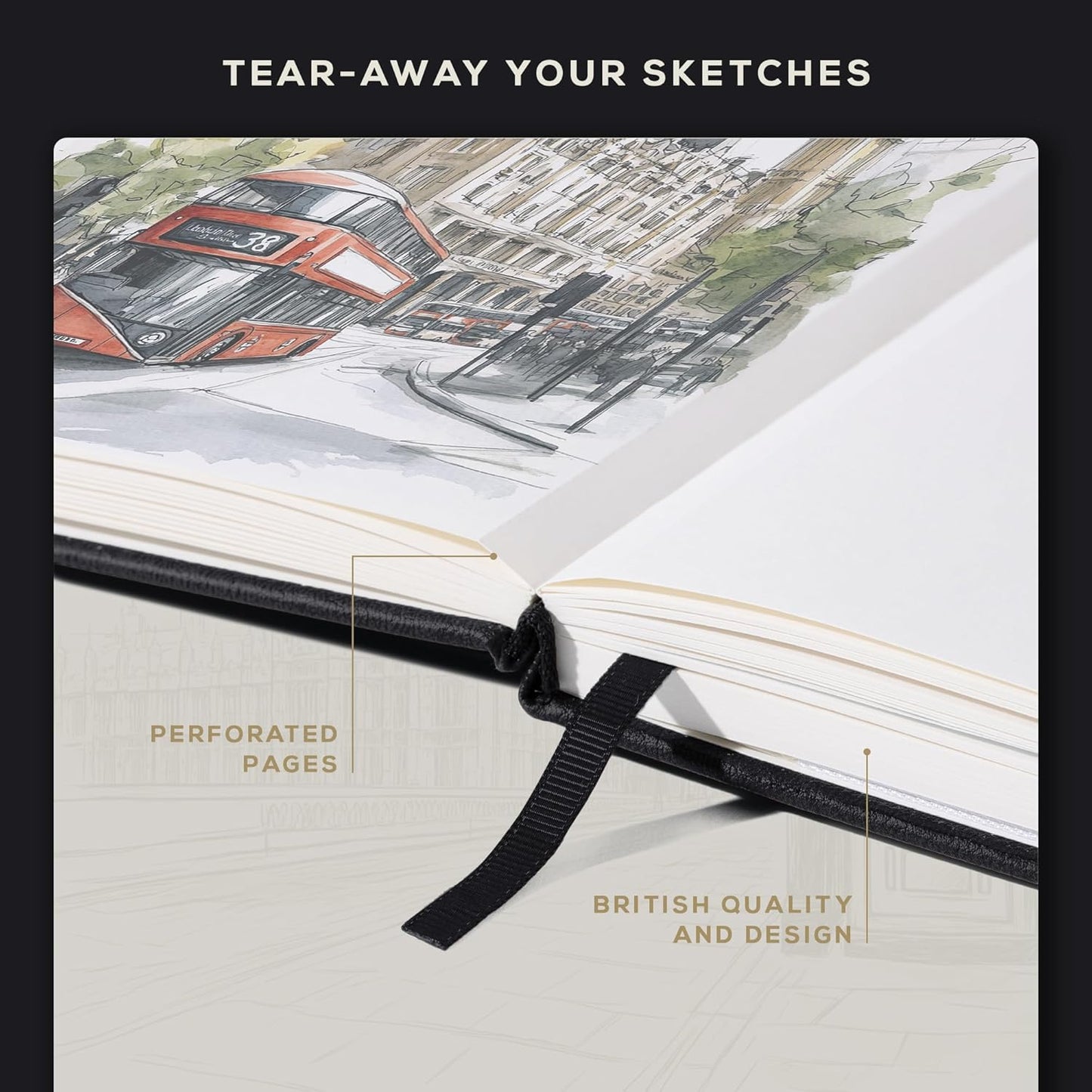 Beechmore Books A3 Sketchbook – 11.7x16.5 Premium Vegan Leather Bound Extra Large Sketch Book Hardcover, 160gsm 160 Perforated Ivory Pages, Blank Sketch Pad, Gift Boxed, Back Pocket, Ribbon Bookmark - Crafty Corner