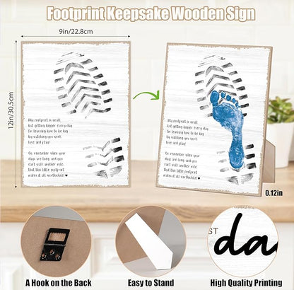 Farmhouse Fathers Day Footprint Art Wooden Sign with Stand and Hook, 9x12 Inch, DIY My First Father Day Crafts Keepsake, Personalized Gifts for Dad Daddy from Wife Daughter & Son