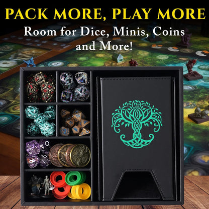 Dice Tray and Dice Tower for DND and RPG - All-in-One Game Roamer Tray & Large Tower for Random Rolls - Stores Your Sets, Mini's and More Compatible with D&D (Green Tree)