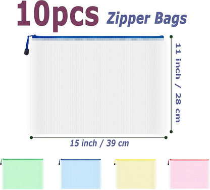 AUSTARK 10 Pcs Zipper File Bags, Waterproof Plastic Mesh Pouch for Office School, Board Game Storage Bags (B4 Size 15''x11'', Multicolored)