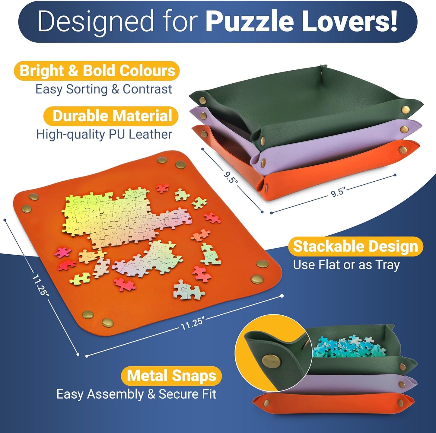 Puzzle Sorting Trays - 3X Large Puzzle Organizer for Sorting 1000 Pieces up to 3000 Pieces, Stackable Jigsaw Accessories for Adults in Orange, Green and Purple