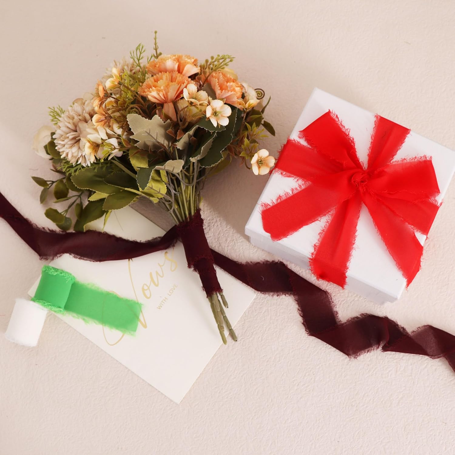 TONIFUL 4 Rolls Silk Chiffon Ribbon 1-1/2 Inch x 22 Yards, Bright Red and Green Handmade Fringe Silk Ribbon Set for Gift Wrapping Flowral Bouquets Crafts Christmas Wreath Elf-Themed Party Decoration - Crafty Corner