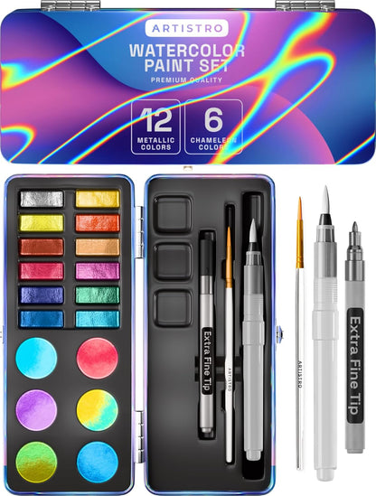 ARTISTRO Metallic Watercolor Paints Set of 18, Palette set Including 12 Metallic Glitter Watercolor and 6 Chameleon Colors. Perfect Travel Watercolor Set for Artists, Amateur Hobbyists and Painting Lovers - Crafty Corner