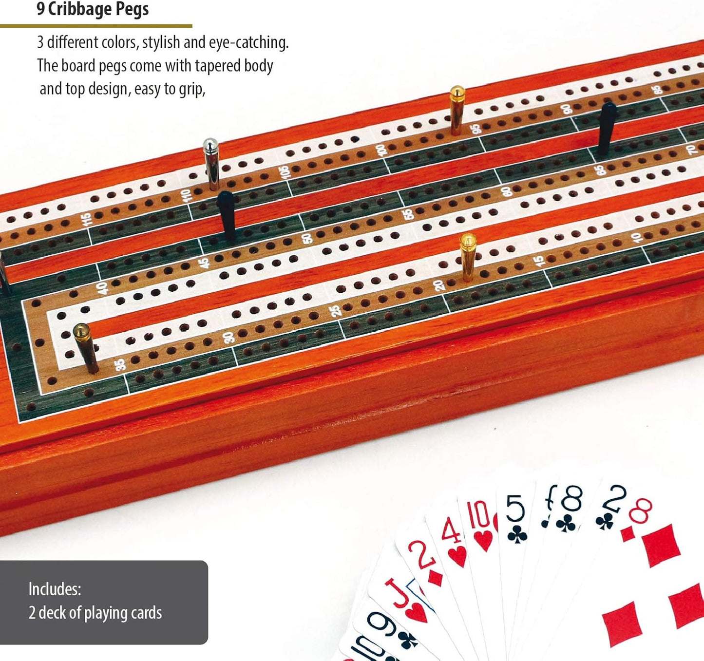 ERLLE - Wooden Cribbage Board Game Set, Continuous 3 Track Wooden Board, 9 Metal Pegs, 2 Decks of Cards, Sliding Lid and Storage, Unique Cribbage Boards,Travel Portable Cribbage Game Sets