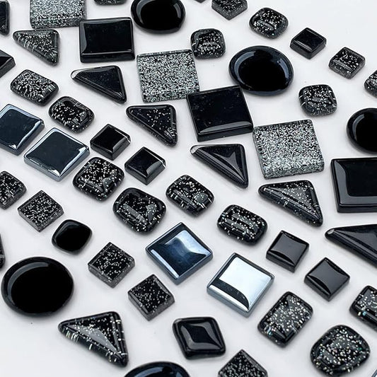 LITMIND 1.1 LB Black Irregular Glass Mosaic Tiles with Backing, Assorted Mosaic Shapes for Creative Crafts – Ideal for Adult Mosaic Kits, Puzzles, and Artwork Projects