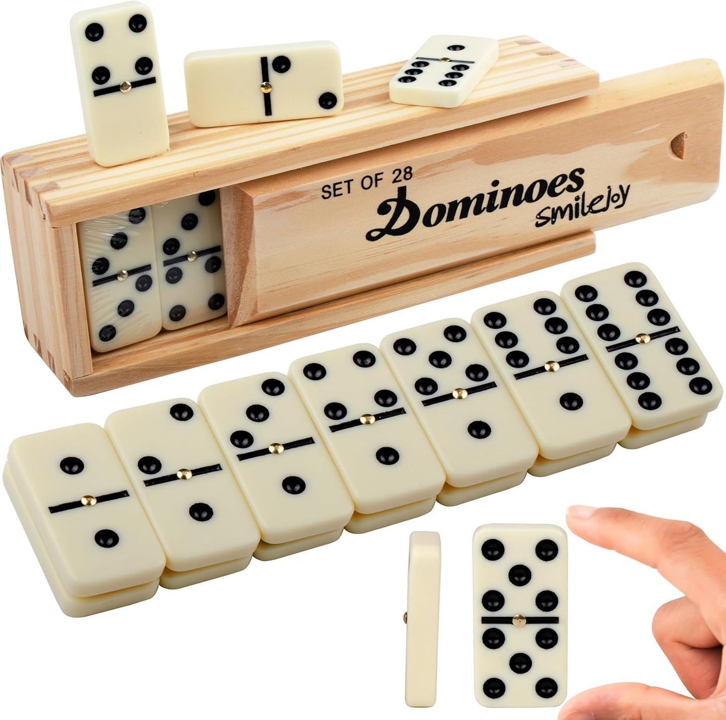 Smilejoy Dominoes Set for Adults, Domino Set for Classic Board Games, Double 6 Domino Game Set 28 Pieces with Natural Wood Case (2 Players)
