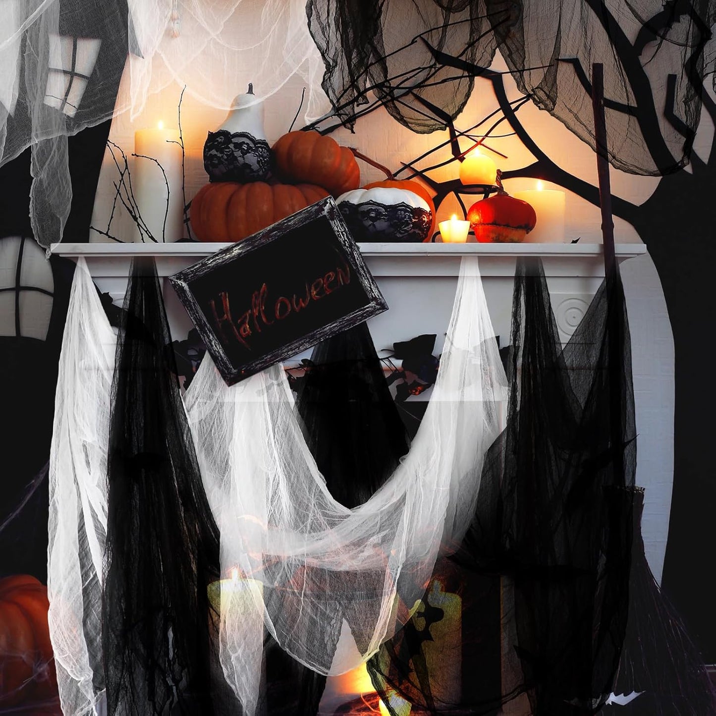 Boao Halloween Cheese cloth 84.65 x 98.43 Inch White Black Cheesecloth Roll for Crafts Large Cotton Muslin Gauze Fabric for Halloween Outdoor & Indoor Spooky Decoration