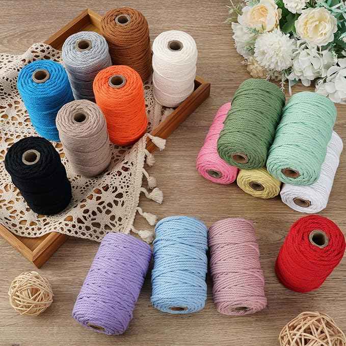 Macrame Cord 3mm x 164 Yards, 3 Rolls Beige Colored Macrame Cotton Cord Rope Kit Macrame Yarns Bulk String 4 Strands Twisted for Wall Hanger Plant Hanging DIY Crafts Knitting Macrame Supplies