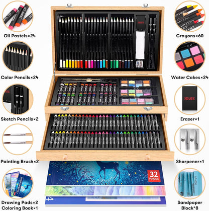 Art Supplies, iBayam 150-Pack Deluxe Wooden Art Set Crafts Drawing Painting Kit with 1 Coloring Book, 2 Sketch Pads, Creative Gift Box for Adults Artist Beginners Kids Girls Boys