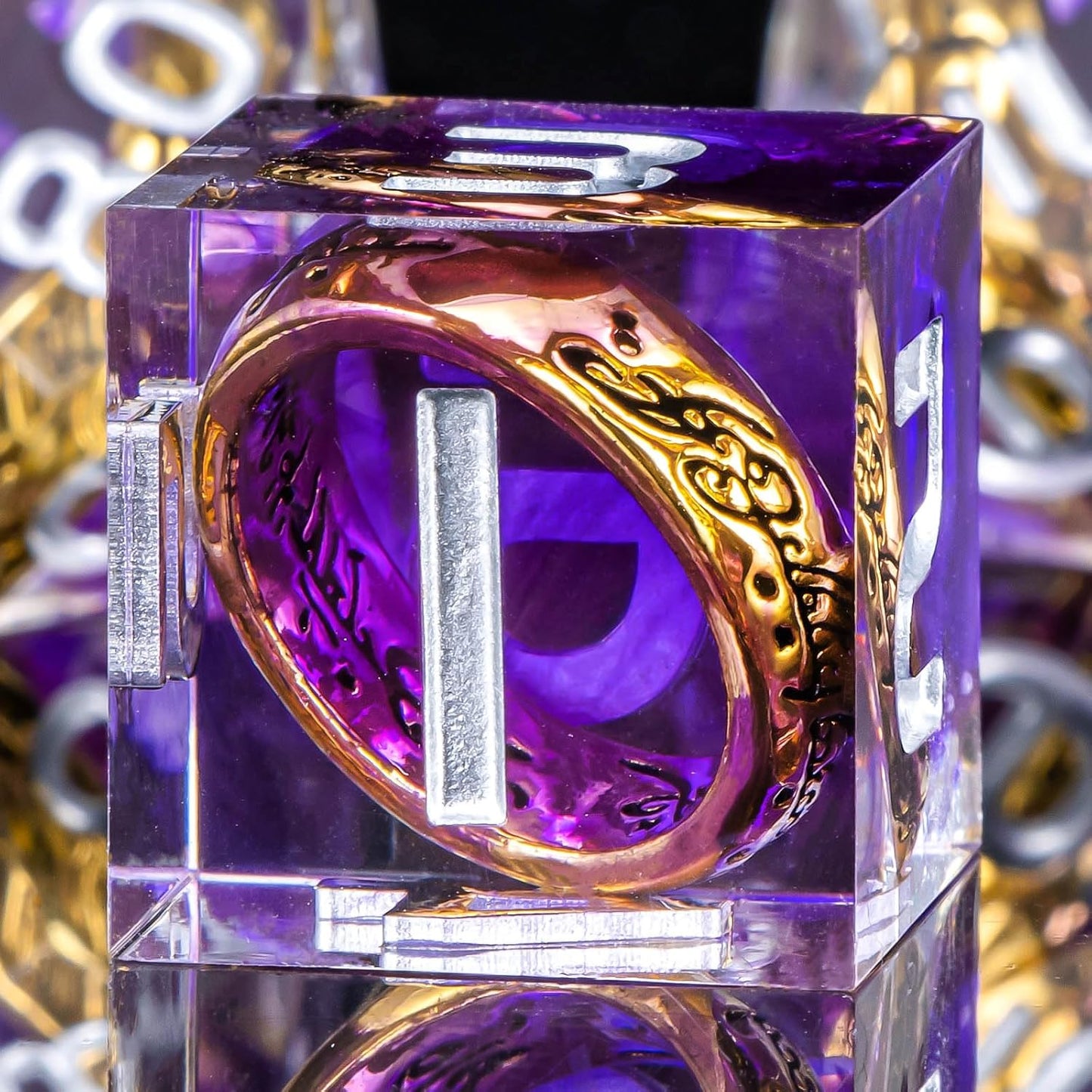 OUKELANWO Magic Lord Rings DND Dice Set with Box, 7Pcs Resin LOTR D&D Dice Set for Role Playing Game, Purple Dungeons Dragons D and D Sharp Edge Dice D20 D12 D10 D8 D6 D4