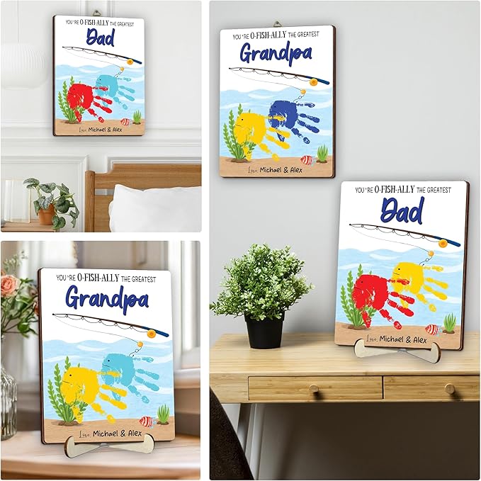 Personalized Handprint Fishing Wooden Sign Gift for Dad, Grandpa, DIY Baby Handprint Kit with Paints, Art Craft Family Keepsake, Father’s Day Birthday Gift for New Dad, Parents, Grandparents