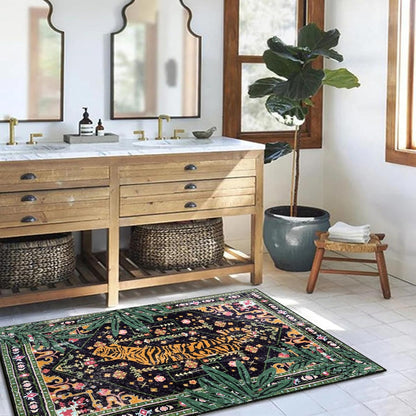 Oriental Tropical Entryway Rugs Washable, Thin Black Boho Vintage Distressed Hippie 2x3 Throw Rugs for Bathroom Kitchen Indoor Doormat Non-Slip Abstract Botanical Tribal Indian Accent Carpet