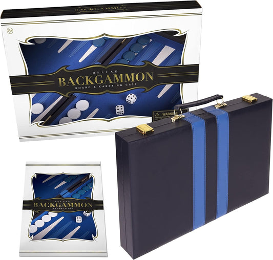 Backgammon Set 15 inch, Medium - Classic Board Game for Adults and Kids with Premium Leather Case - Includes Strategy & Tip Guide (Blue)
