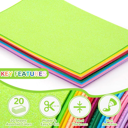 20 Pack Glitter EVA Foam Sheets Craft 8 x 12 inch, 20 Colors Sparkles Foam Paper for Art Crafts Projects, Classrooms Scrapbook Gift DIY Cutters Card Party Decoration (Multicolor 01) - Crafty Corner