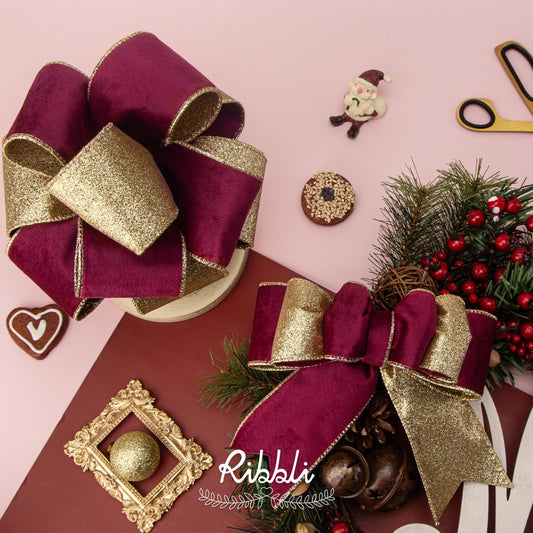 Ribbli Burgundy Velvet Wired Ribbon 2.5 Inch Burgundy Velvet with Gold Glitter Christmas Ribbon for Christmas Tree Decoration Big Bow Gift Wrapping Crafts Wreaths Supplies- 10 Yards - Crafty Corner