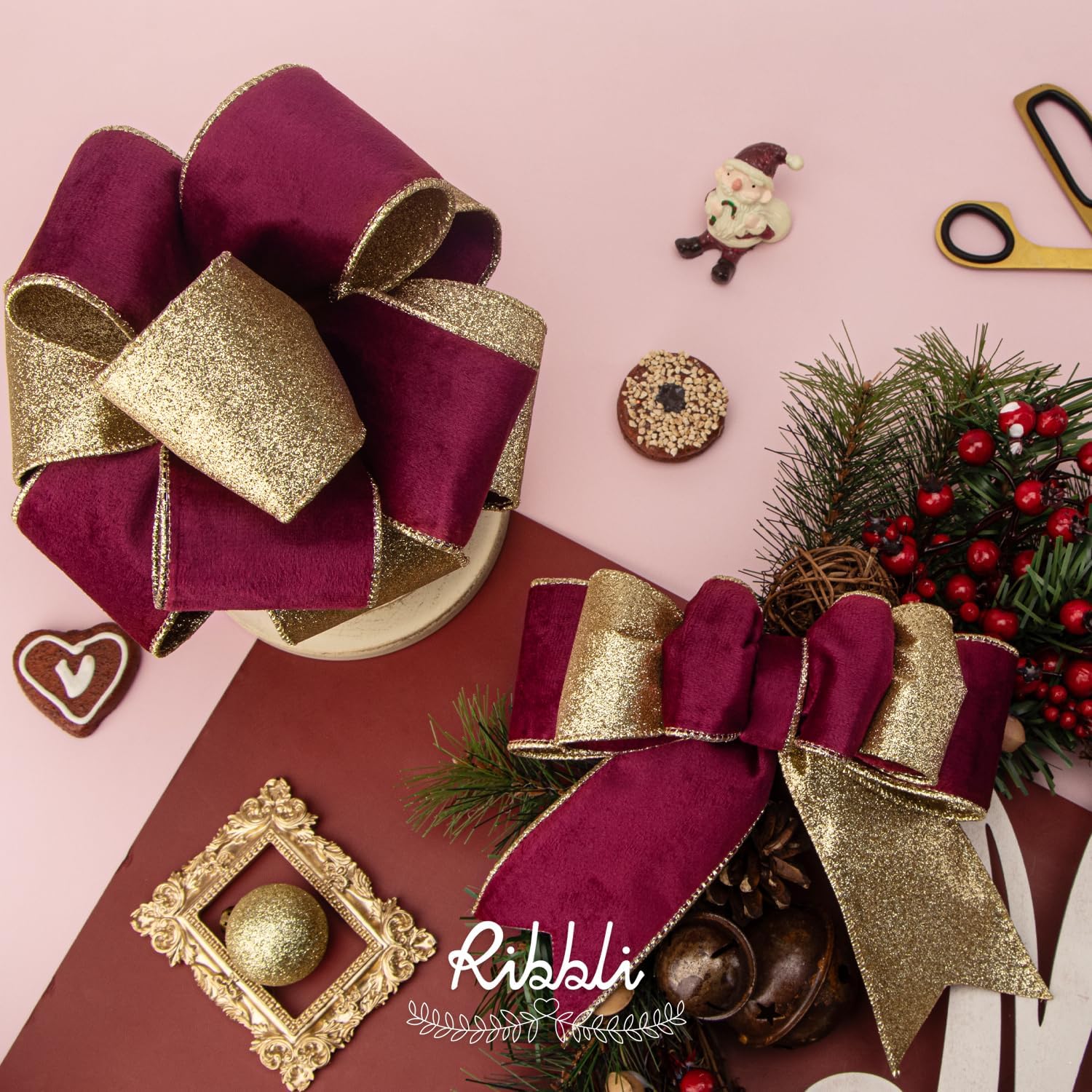 Ribbli Burgundy Velvet Wired Ribbon 2.5 Inch Burgundy Velvet with Gold Glitter Christmas Ribbon for Christmas Tree Decoration Big Bow Gift Wrapping Crafts Wreaths Supplies- 10 Yards - Crafty Corner