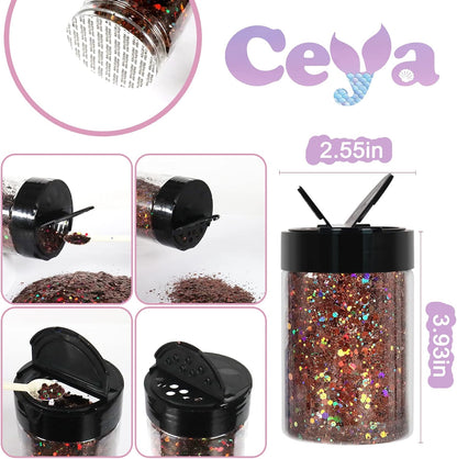 Ceya Holographic Chunky Glitter, 4.9oz/ 140g Brown Craft Glitter Powder Mixed Chunky & Fine Flakes Iridescent Nail Sequins for Nail Art, Hair, Epoxy Resin, Tumblers, Slime, Painting, Festival Decor