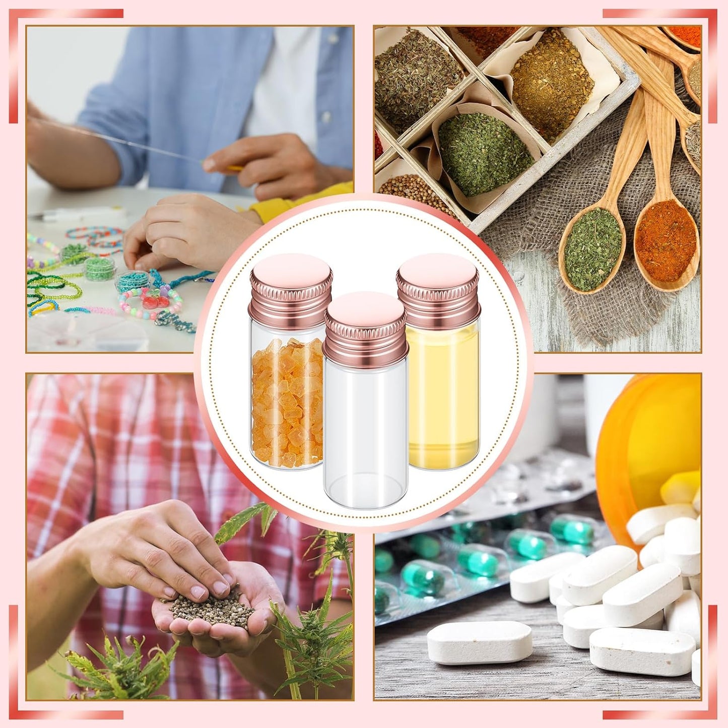 100 Pcs Small Clear Vials Spice Mini Jars with Lids Mini Glass Bottles with Screw Aluminum Metal Caps Tiny Jars Sample Containers for Powder Cream Cosmetic Jewelry Wedding (10 ml,Rose Gold)