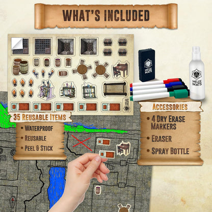 Melee Mats DND Map Starter Kit for Dungeons & Dragons Game - 24” x 36" 3 Pack Double Sided, Wet/Dry Erase Battle Terrain Grid - Ultimate Tabletop Board Gaming Experience with Accessories