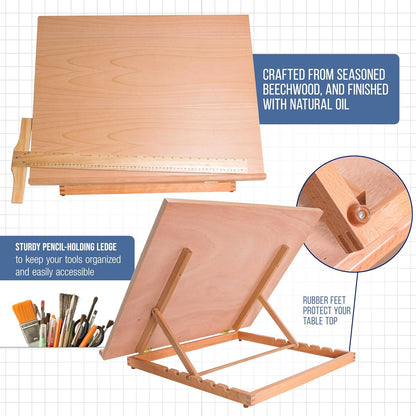 U.S. Art Supply X-Large 26" x 21" Adjustable Wood Art Drawing Board - 6 Angles, Beechwood Construction, Pencil Ledge, 24" T-Square - Ideal for Design, Drafting & Architecture Work