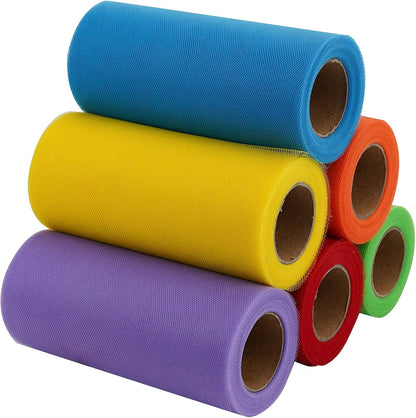 MEEDEE Rainbow Tulle Ribbon 6 Colors Roll Tulle Fabric Rainbow Spool Ribbon for Tutus Wedding Decorations Party Decorations Gift Wrapping Skirt Dress (6 inch by 25 Yards/Roll) - Crafty Corner
