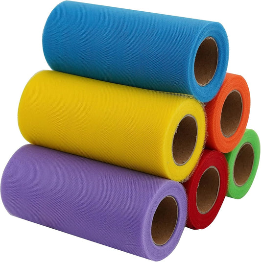MEEDEE Rainbow Tulle Ribbon 6 Colors Roll Tulle Fabric Rainbow Spool Ribbon for Tutus Wedding Decorations Party Decorations Gift Wrapping Skirt Dress (6 inch by 25 Yards/Roll) - Crafty Corner