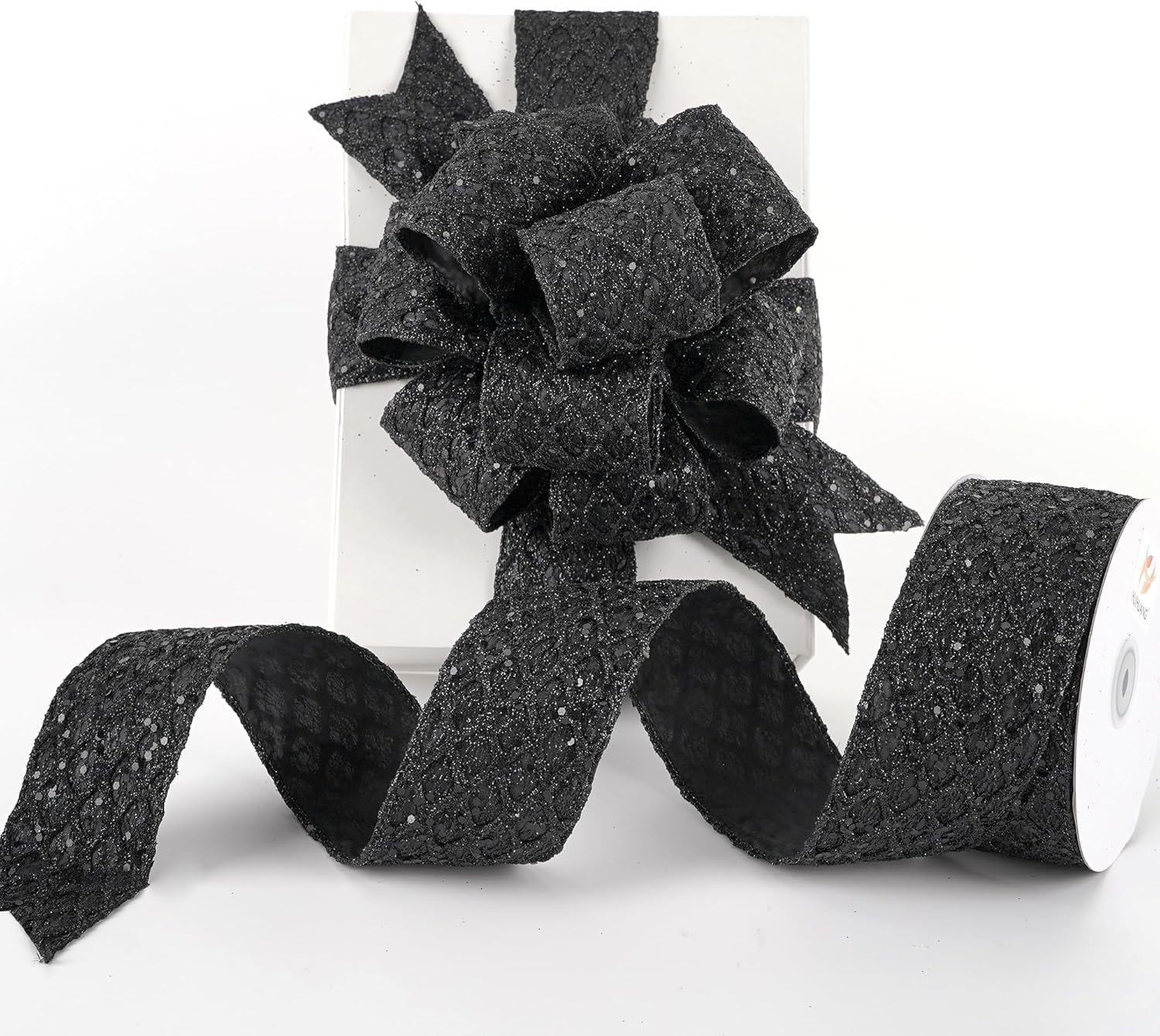 HUIHUANG Glitter Black Wired Ribbon for Christmas Tree 2.5 inch Black Diamond Mesh Wire Ribbon for Tree Decoration, Wreaths, Garland, Gift Wrapping, Bows Making, Halloween Decor -10 Yards - Crafty Corner