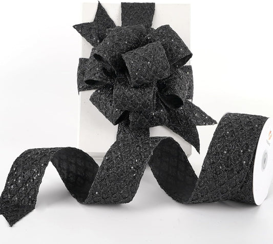 HUIHUANG Glitter Black Wired Ribbon for Christmas Tree 2.5 inch Black Diamond Mesh Wire Ribbon for Tree Decoration, Wreaths, Garland, Gift Wrapping, Bows Making, Halloween Decor -10 Yards - Crafty Corner