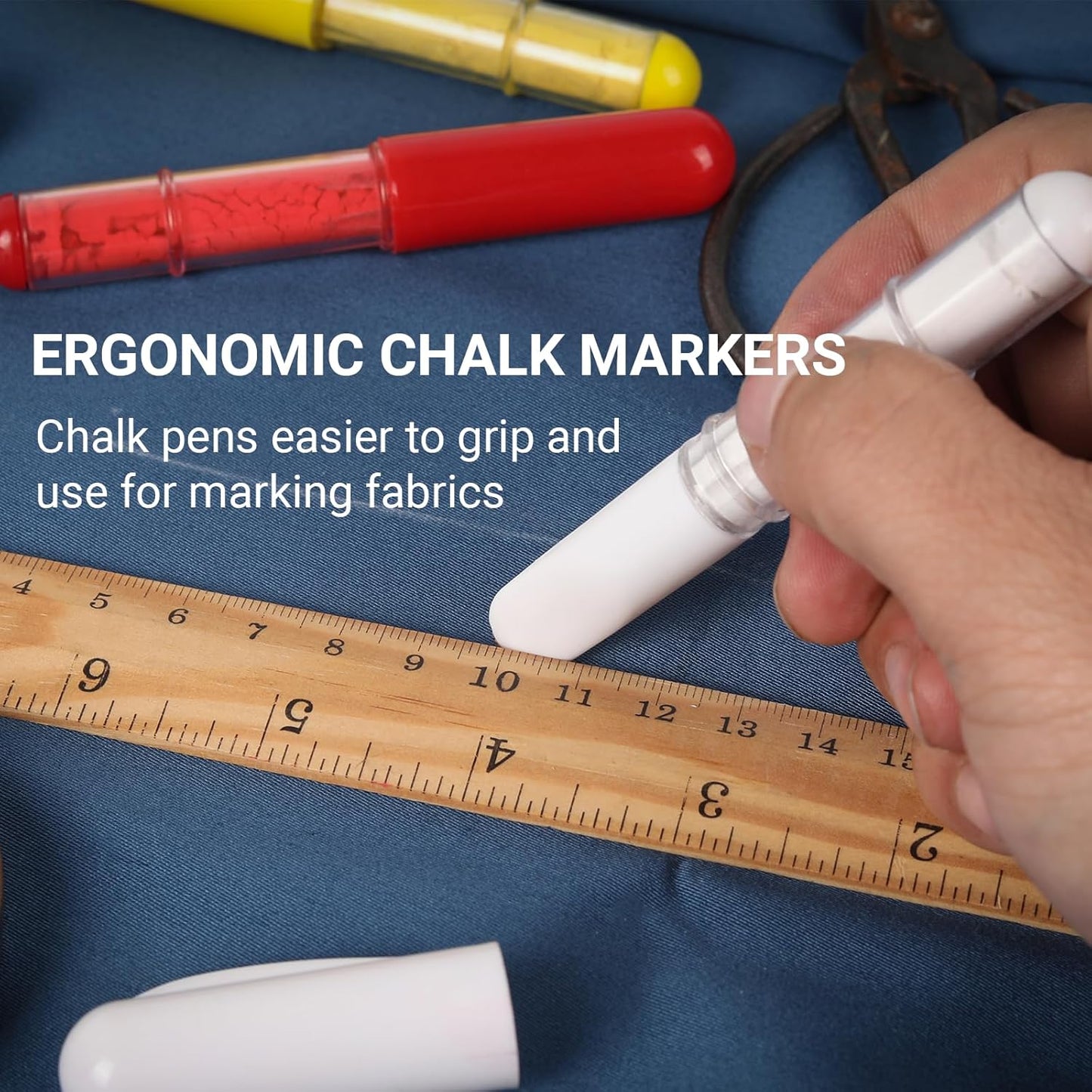 (2-pack) Fabric Chalk Markers -Erase Tailor’s Chalk for Quilting and Sewing - Compatible with Most Fabrics - With Dosing Wheel Technology, Blue & White