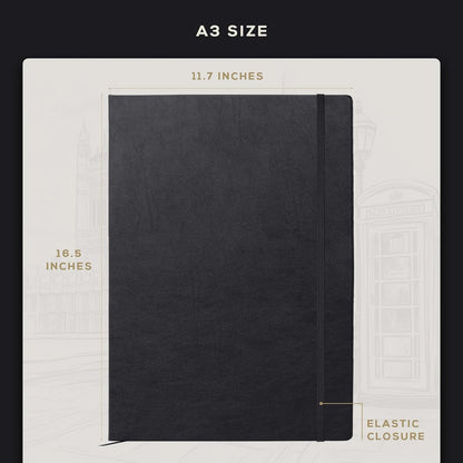 Beechmore Books A3 Sketchbook – 11.7x16.5 Premium Vegan Leather Bound Extra Large Sketch Book Hardcover, 160gsm 160 Perforated Ivory Pages, Blank Sketch Pad, Gift Boxed, Back Pocket, Ribbon Bookmark - Crafty Corner