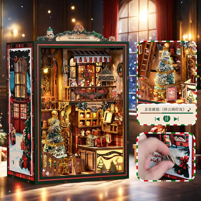 Book Nook Kit - DIY Miniature Dolls House Kit with Furniture and LED Light, 3D Puzzle Wooden Art Bookends, Model Kits for for Adults and Teens (Christmas Shop)