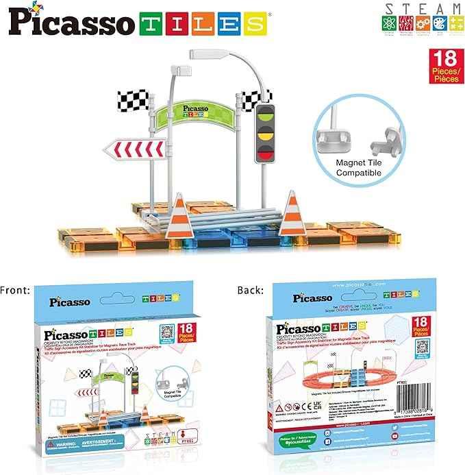 PicassoTiles Magnet Tile Compatible Building Race Track Kit Traffic Sign Accessory Stabilizers with Sticker Set STEM Educational Magnets Toddler Racecourse Structure Blocks Add On Ages 3+ PTR01