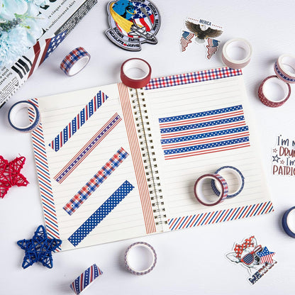 Whaline 12 Rolls 4th of July Washi Tape Patriotic Stars Stripes Washi Masking Tape Red Blue White Plaids Decorative Paper Stickers for Independence Day Scrapbook Gift Wrapping DIY Art Crafts
