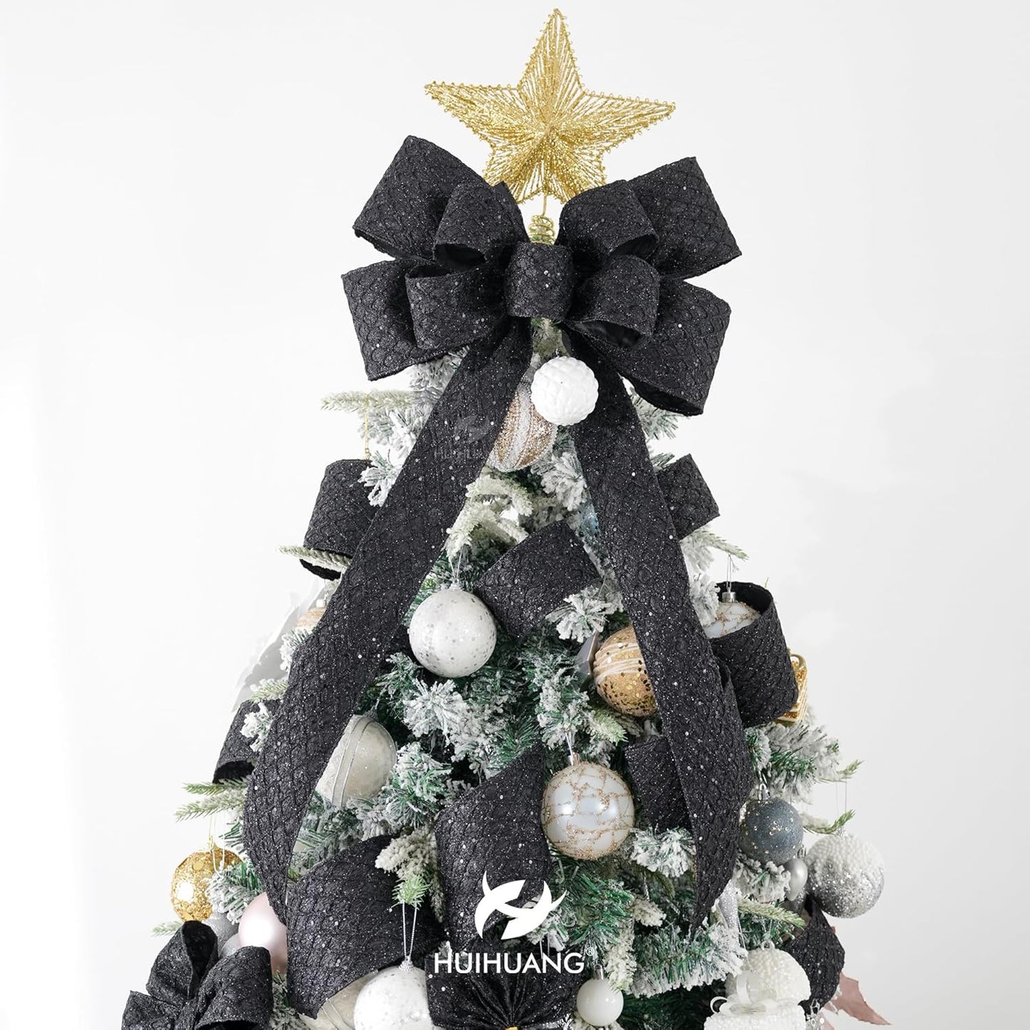 HUIHUANG Black Glitter Wired Ribbon 4 inch Black Christmas Tree Ribbon Diamond Mesh Wire Ribbon for Tree Decorations, Wreaths, Garland, Large Bows Making, Halloween Decor -10 Yards - Crafty Corner