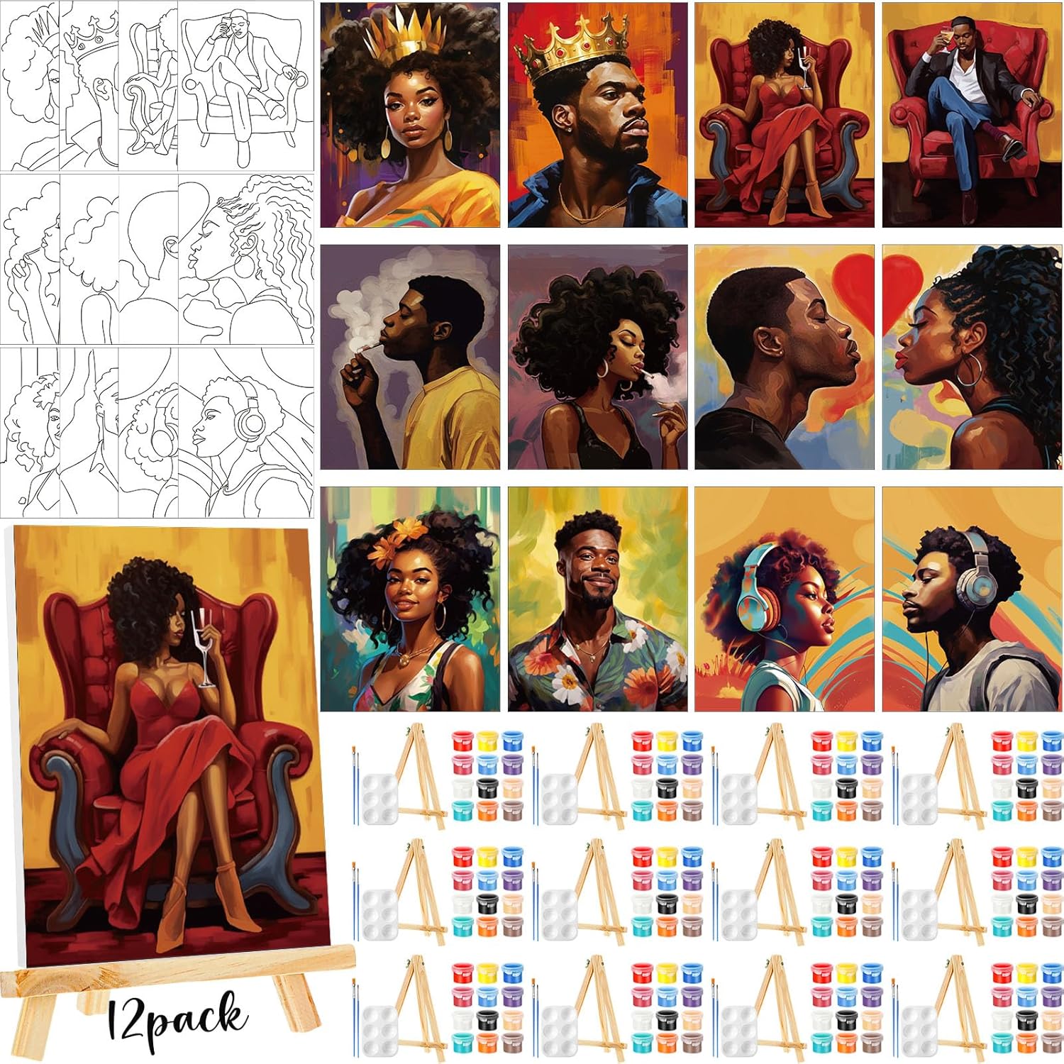 Zhanmai 12 Pack Pre Drawn Canvas for Painting Sip and Paint Kit 8" x 10" Paint Party Set Canvas Painting Pre Printed Canvases for Party Favor DIY Virtual Adult's Date Night(Fashionable Couple) - Crafty Corner