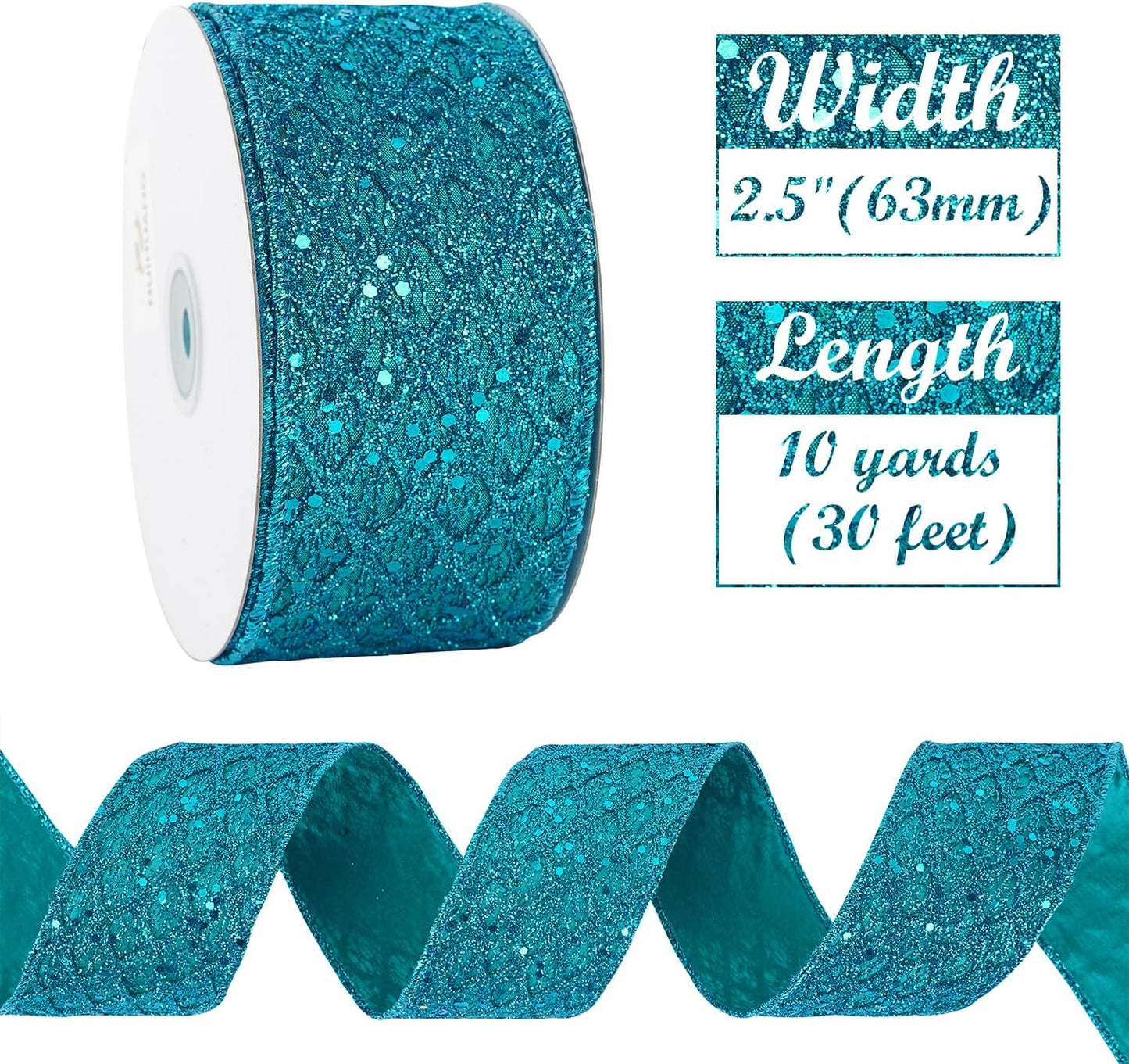 HUIHUANG Turquoise Glitter Wired Ribbon for Christmas Tree 2.5 inch Peacock Blue Diamond Mesh Ribbon for Tree Decoration, Wreaths, Garland, Gift Wrapping, Large Bows Making, Home Decor -10 Yards - Crafty Corner