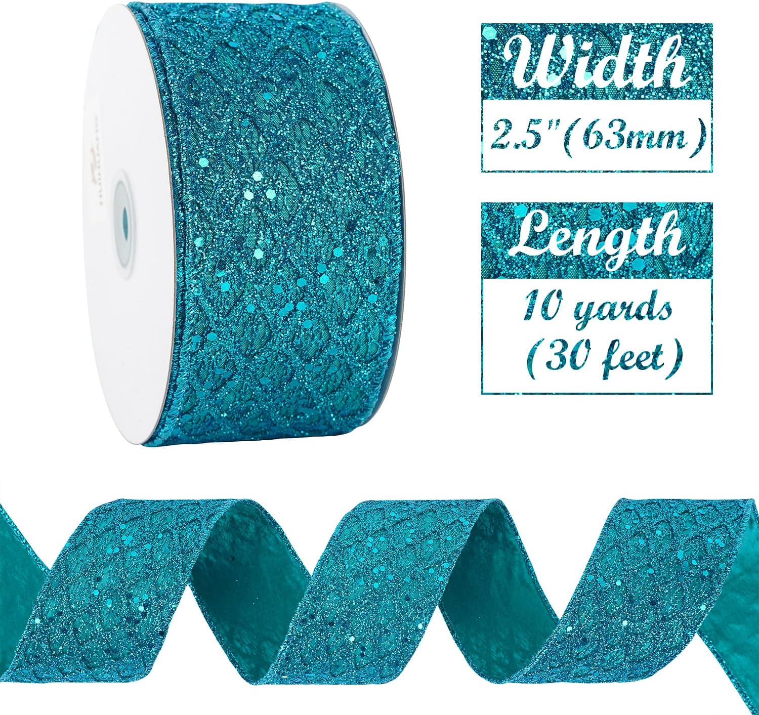 HUIHUANG Turquoise Glitter Wired Ribbon for Christmas Tree 2.5 inch Peacock Blue Diamond Mesh Ribbon for Tree Decoration, Wreaths, Garland, Gift Wrapping, Large Bows Making, Home Decor -10 Yards - Crafty Corner
