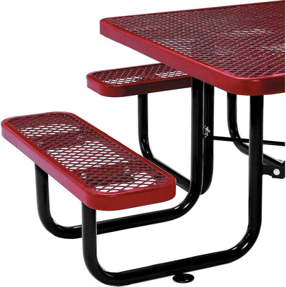 Global Industrial 46" Square Picnic Table, Expanded Metal, Red Thermoplastic Coating, Attached Benches, 1-1/2” Umbrella Pole Hole, Outdoor-Rated, 1000 lb Capacity
