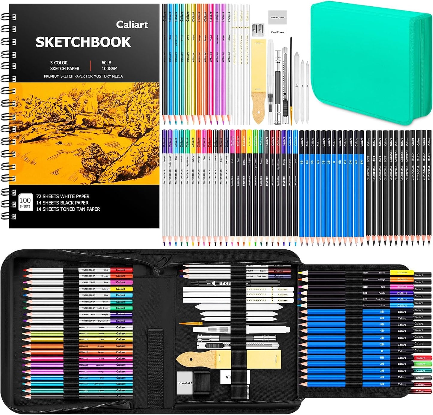 Caliart 176PCS Art Supplies Sketching Kit with 100 Sheets 3-Color Sketch Book, Graphite Colored Charcoal Watercolor & Metallic Pencils, Drawing Supplies Christmas Gifts for Artists Adults Beginners