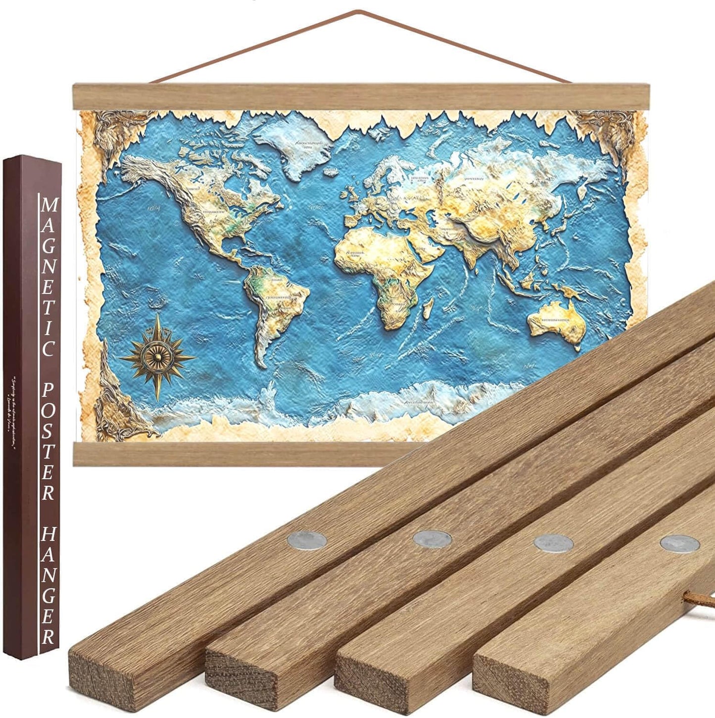 DACRI HOME 34 Inch Magnetic Poster Hanger Frame -Sturdy Teak Wood Poster Frame, Strong Magnets for Quick Hanging Maps, Posters, Picture, Print, Scroll Wall Art 34x22 34x23 34x24 (34", Natural Wood)