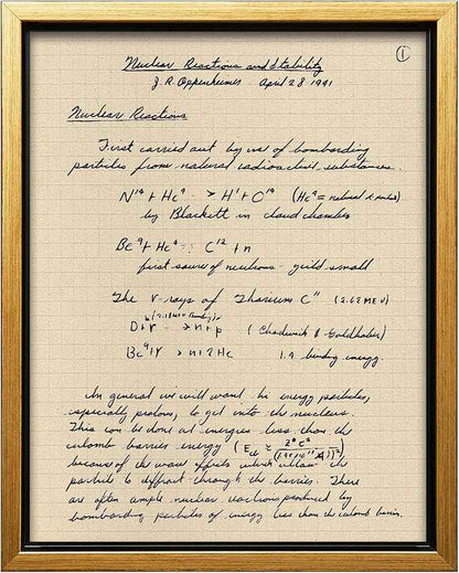 Poster Master Oppenheimer Canvas - Retro Atomic Bomb Manuscript Print - Manhattan Project Art - Gift for Him, Her, Scientist - Physics Decor for Office, Library - 18x24 Gold Framed Canvas