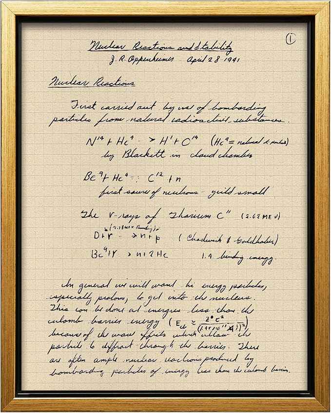 Poster Master Oppenheimer Canvas - Retro Atomic Bomb Manuscript Print - Manhattan Project Art - Gift for Him, Her, Scientist - Physics Decor for Office, Library - 16x20 Gold Framed Canvas