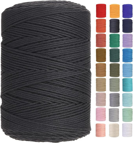 GOHOHOF Macrame Cord 3mm x 546yards Natural Macrame Cotton Rope Colored Macrame Rope Soft Cotton Cord Macrame Supplies Craft Rope Macrame Yarn for Plant Hanger Wall Hanger Dreamcatcher(Black)