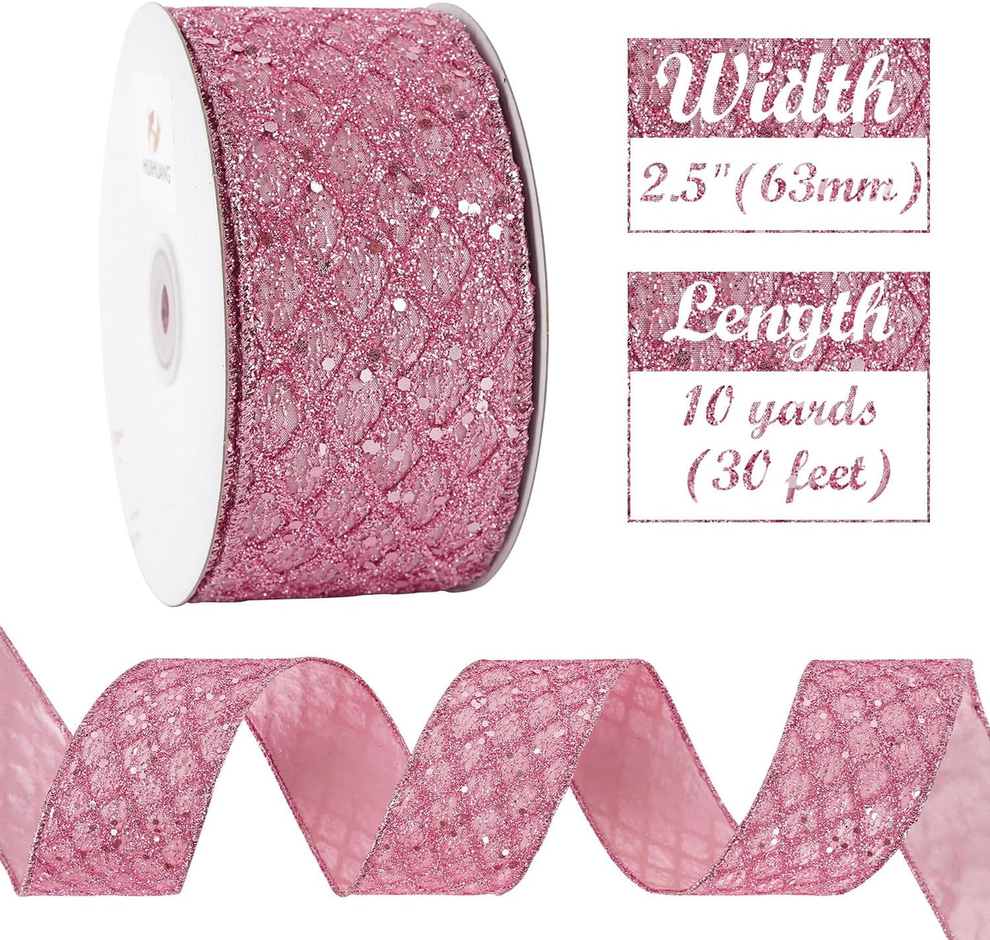 HUIHUANG Pink Glitter Wired Ribbon for Christmas Tree 2.5 inch Light Pink Diamond Mesh Wire Ribbon for Tree Decoration, Wreaths, Garland, Gift Wrapping, Bows Making, Home Decor -10 Yards - Crafty Corner