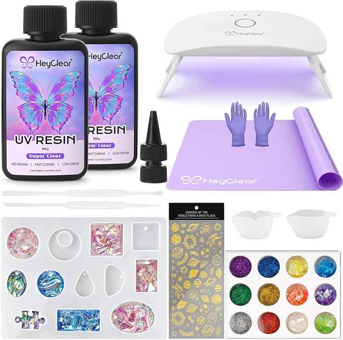 HeyClear UV Resin Kit 200g with UV Light, Molds and Casting Tools -Super Clear, Hard, Low Odor, Premixed and Fast Curing UV Glue for Coating, Jewelry Making, DIY Craft Decorations