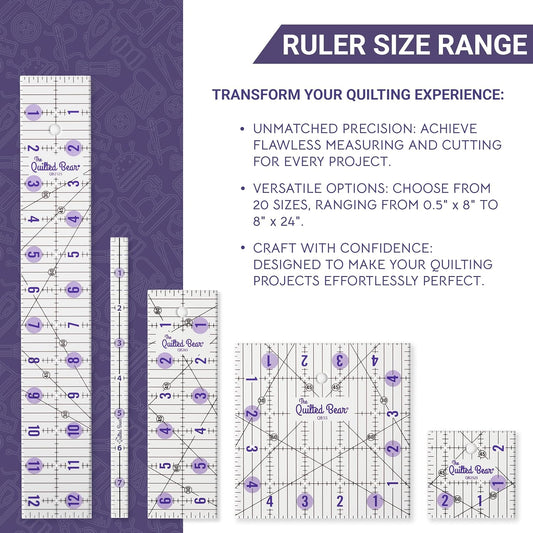 The Quilted Bear Quilting Rulers - Transparent Acrylic Non Slip Quilting, Patchwork & Sewing Ruler with Clear Black Lines & 30, 45 & 60 Degree Angles for Perfect Accuracy & Precision (2" x 6.5")