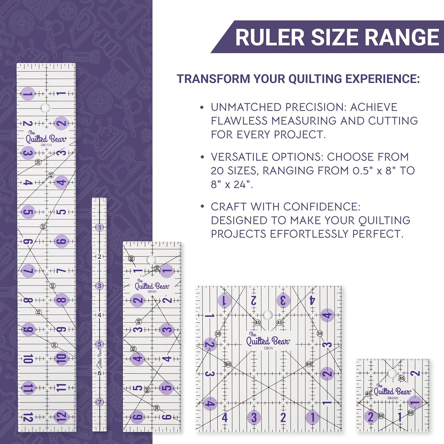 The Quilted Bear Quilting Rulers - Transparent Acrylic Non Slip Quilting, Patchwork & Sewing Ruler with Clear Black Lines & 30, 45 & 60 Degree Angles for Perfect Accuracy & Precision (2" x 6.5")