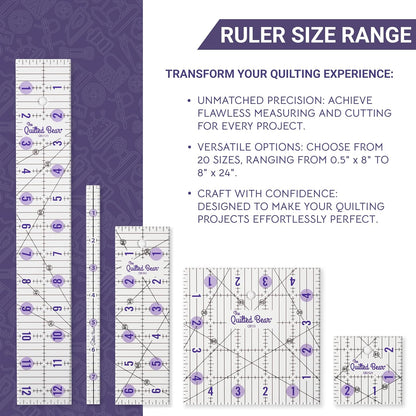The Quilted Bear Quilting Rulers - Transparent Acrylic Non Slip Quilting, Patchwork & Sewing Ruler with Clear Black Lines & 30, 45 & 60 Degree Angles for Perfect Accuracy & Precision (2.5" x 2.5")